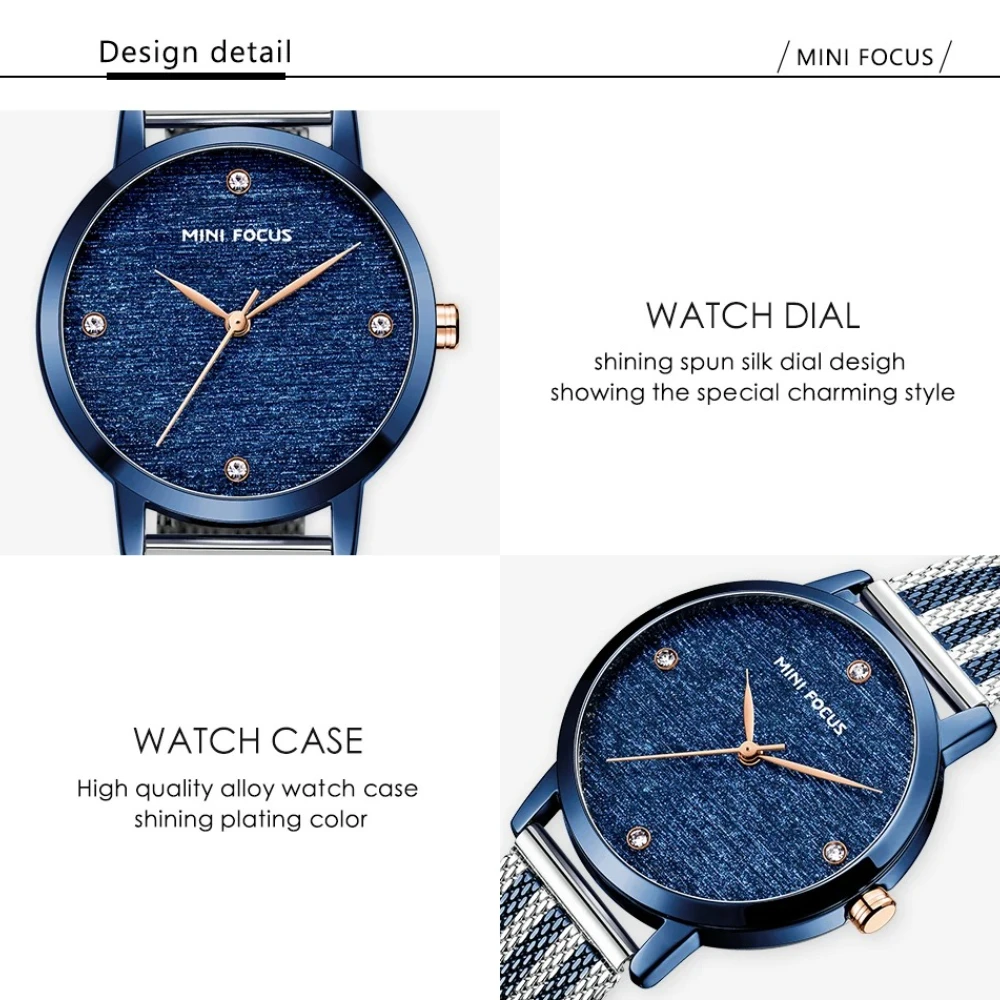 MINI FOCUS 0329L Fashion Simple Stainless Steel Mesh Belt Quartz Women's Watch Waterproof Diamond Watches for Women Reloj Hombre