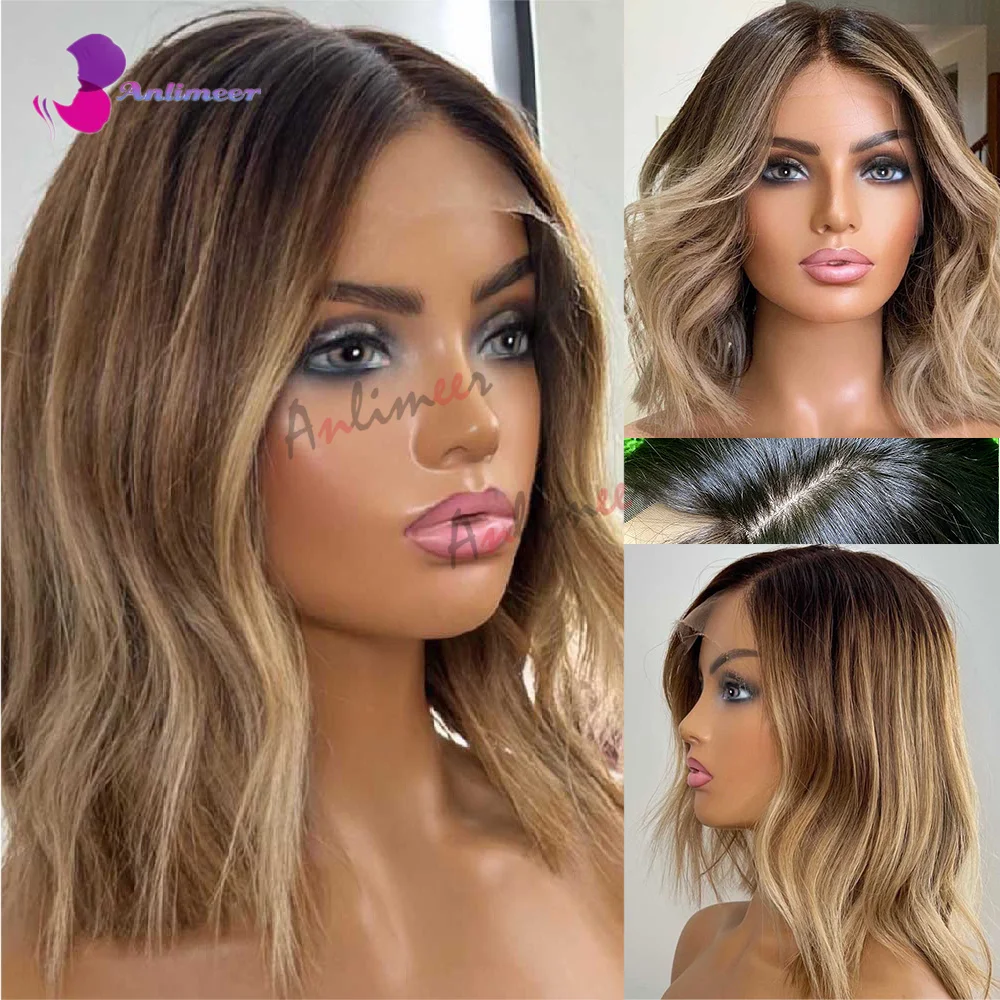 

Brown Roots Honey Blonde Wig Silk Base Lace Front Wig Natural Wave Human Wigs Full Lace Wig Real Hair Wigs 5x5 Closure Wigs