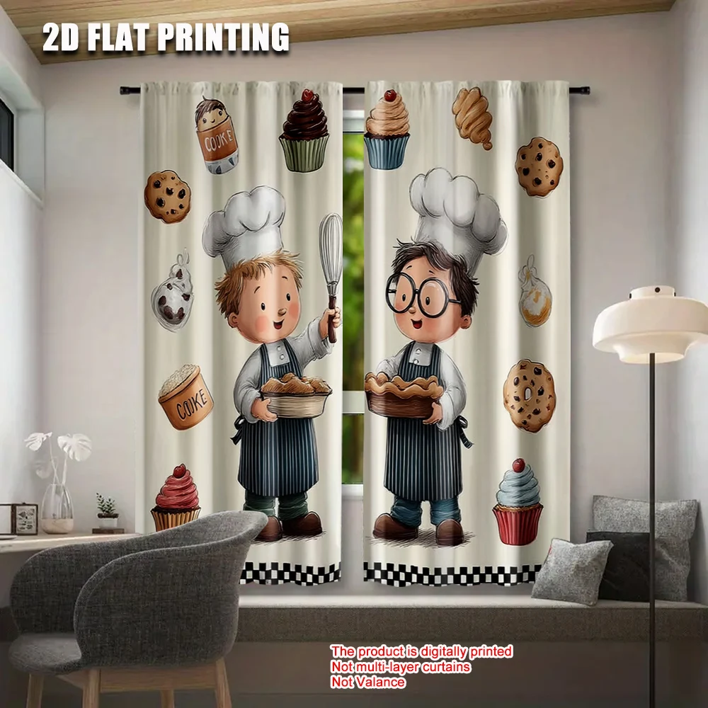 2pcs, 2D flat printing Window Curtains Pasteles_ donas y Versatile 100% Polyester,Without Electricity Family Party Perfect for