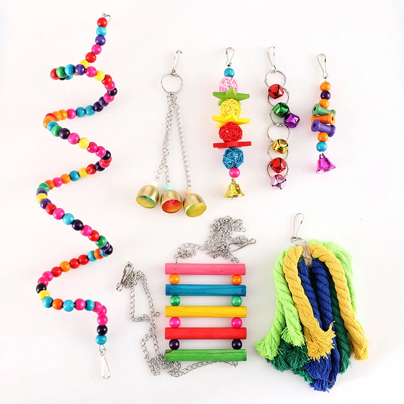 7 Piece Bird Toys Set Parrot Bird Cage Toys Pendant Accessories Parrot Stand Stick Swing  Bird Toy Set Supplies