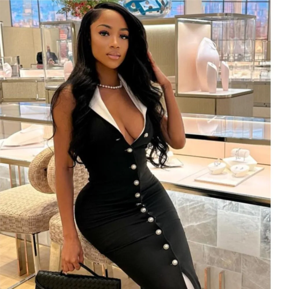 

Dresses 2025 Woman Bodycon Sleeveless Slim Halter Neck Off Shoulder Vestidos V-neck Fashion Parties-party Foreign Style Contrast