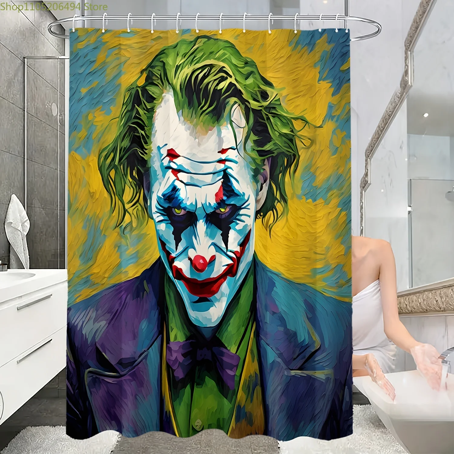 

1pc Cartoon Clown Printed Shower Curtain | Polyester, Machine Washable, Includes Hooks, All-Season Privacy Curtain for Home, H