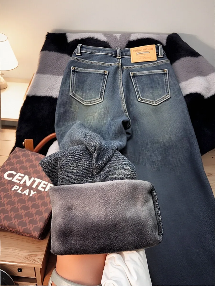 

Утепленные флисовые джинсы с высокой талией для женщин, осенне-зимние, прямые, узкие, с широкими штанинами