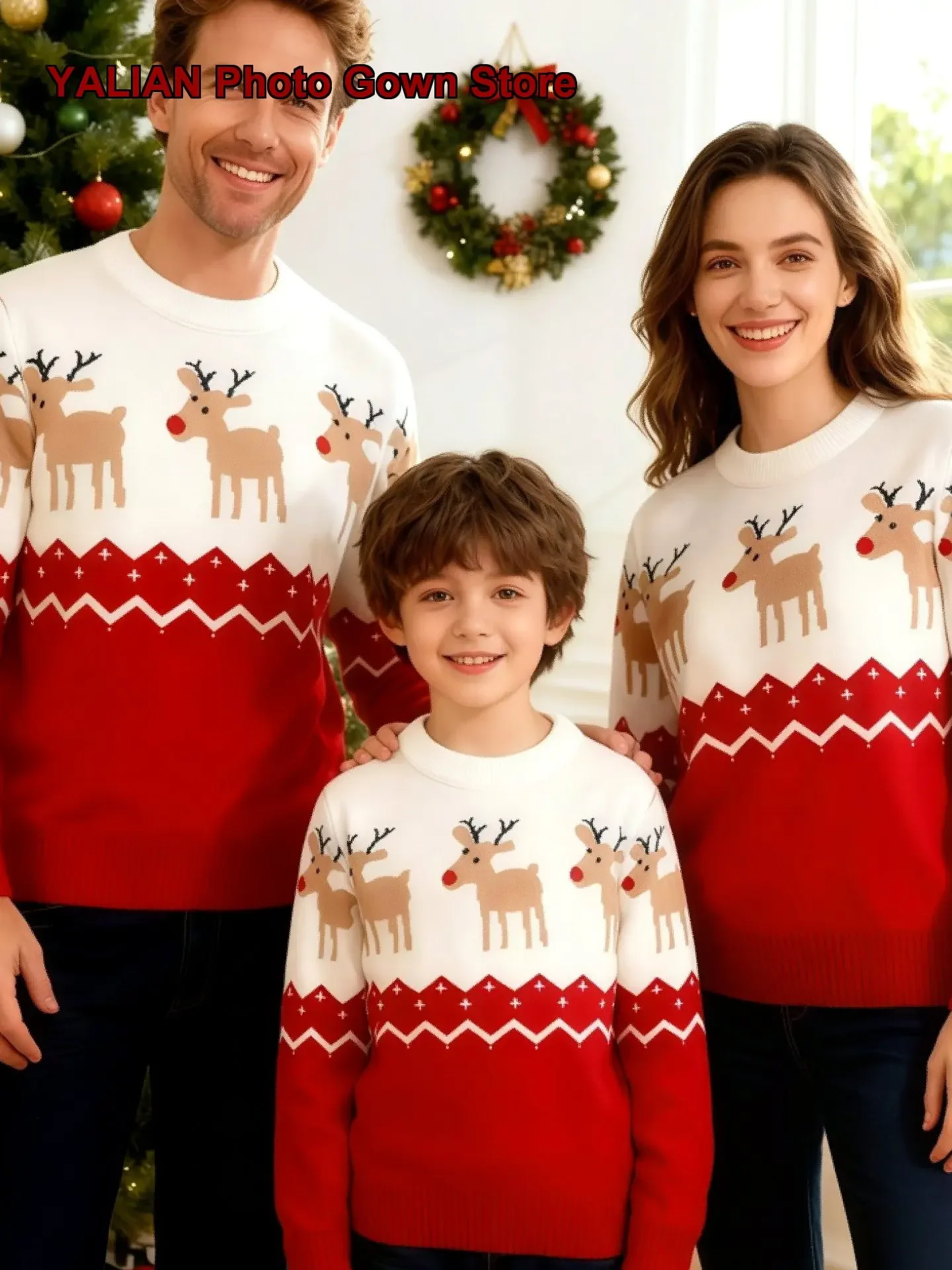 Spring Autumn Christmas Family Matching Knit Three-Piece Set for Parents and Children Girls