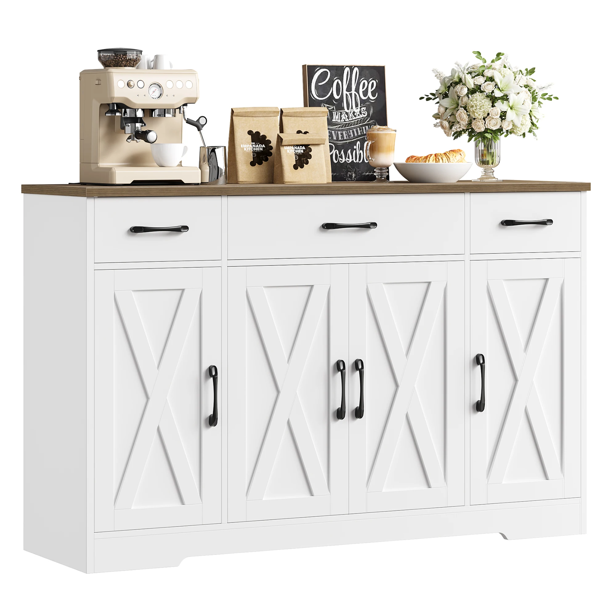 Sideboard, 140cm Sideboard-Aufbewahrungsschrank mit 4 Scheunentüren & 3 Schubladen