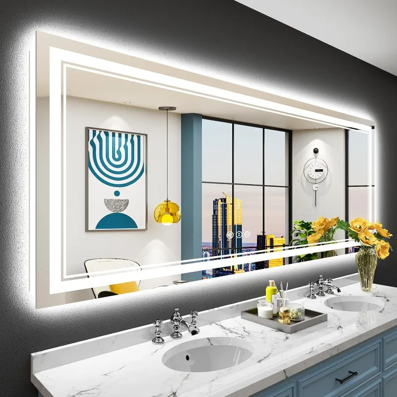 72x32 LED Bathroom Mirror with Lights, Backlit + Front Lit, Anti-Fog Lighted Mirror for Bathroom Wall, Dimmable LED Lighted