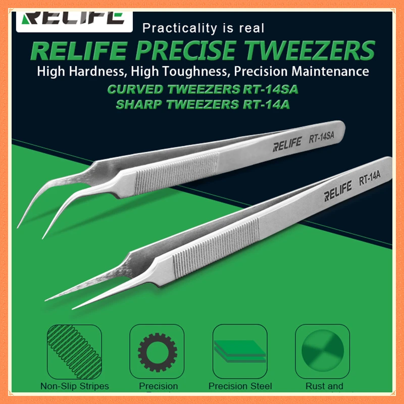 RELIFE RT-14A/14SA High  Tweezers Curved and Straight Forceps For Electronic Cell Phone Repair Tool Precision Stainless Steel