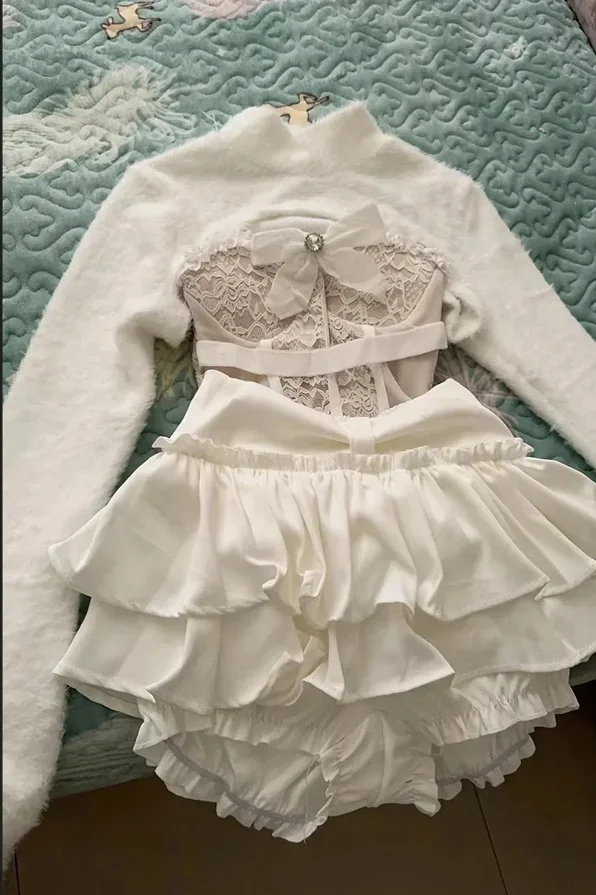 Vrouwen Grunge Pak Y2k Esthetische Crop Trui + Kant Sexy Strik Vest + Verstoorde Mini Taart Rokken Lolita Outfit Kawaii 3-delige Set