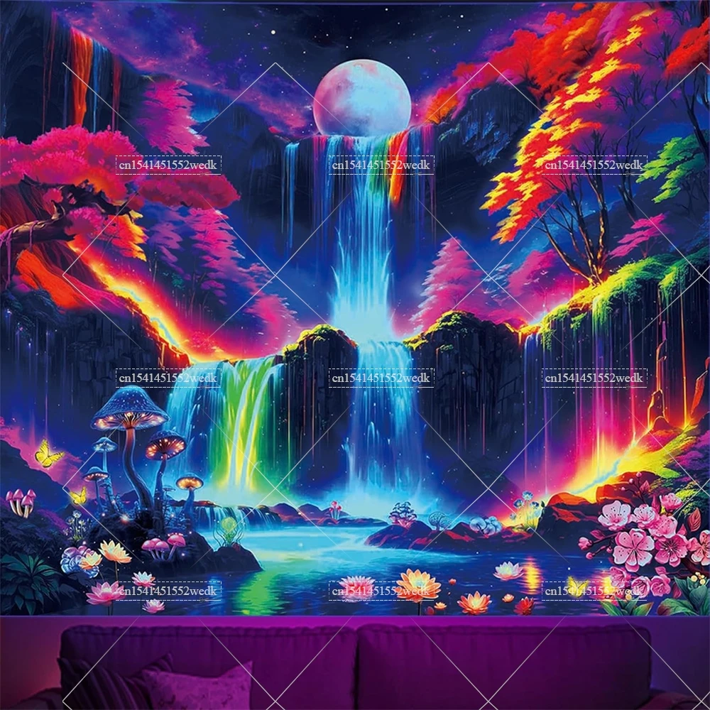 Blacklight Waterfall Moon Tapestry Black Light Neon UV Reactive Tapestry Landscape Wave Wall Hanging Home Decor Aesthetic Poster
