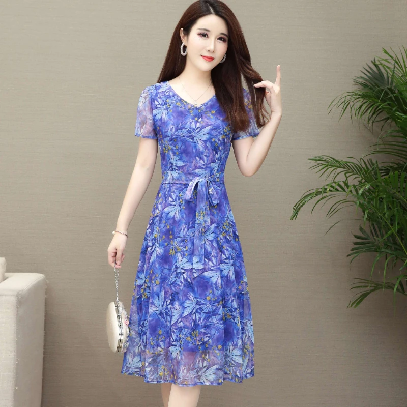 2024 Summer Netting Long Dress Casual Floral Party Dress Elegant Short Sleeve Fairy Dresses for Women Sweet Clothing