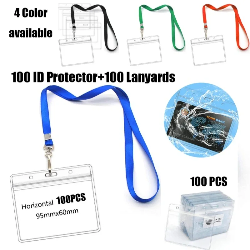 

100P Waterproof ID Protector/Horizontal Name Tag Badge/Lanyard with ID Holder Durable Clear Plastic Case For ID protect&storage