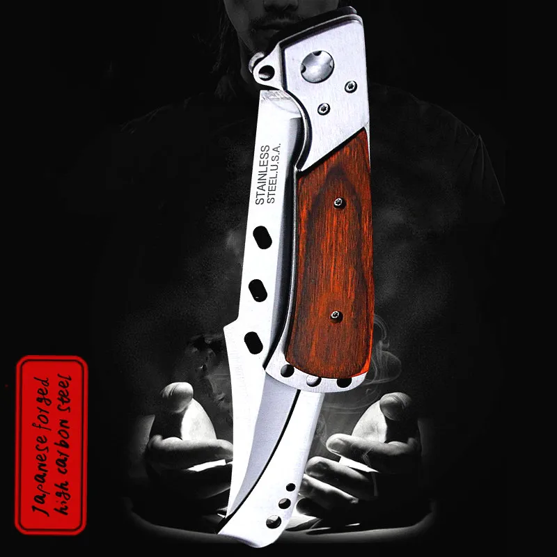 

High end swallowtail folding knife with red wood handle, U.S.A outdoor folding stainless steel hunting knife pocket knife