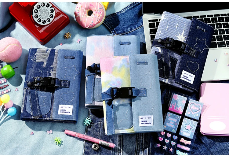 Y2K A6 Photocard Collect Binder Jeans Loose-leaf Journal with Sticker Set Button Lock Photo Holder Book Portable Girl Notebook