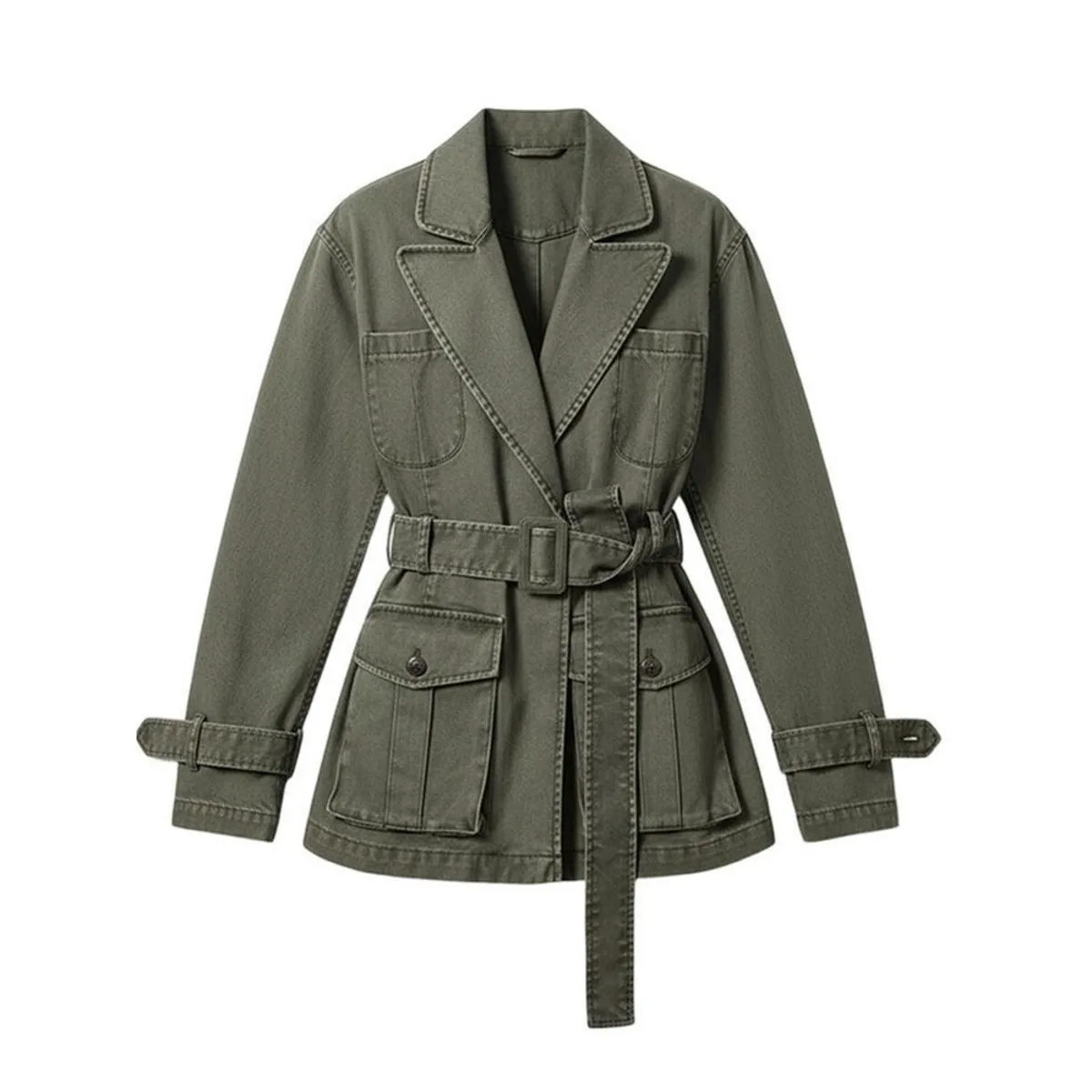 KWTX New 2025 Women's Military Green Denim Jacket Biker Vintage Belted Waist Cargo Lapel Pocket Elegant Outerwear Fall Casual