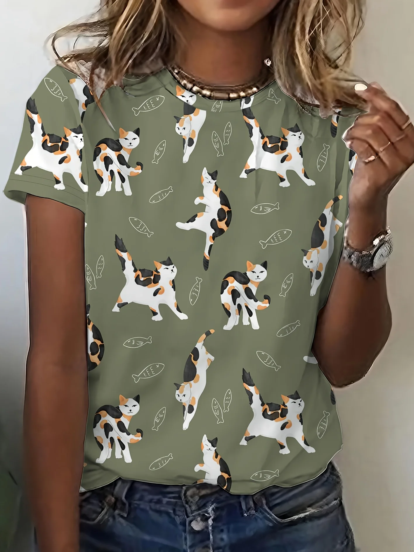 Women T‑shirt Short Sleeve Cute Calico Cat Fish Bone Allover Print O‑neck Casual Daily Summer Fashion Tee Outings Pet Lovers Top