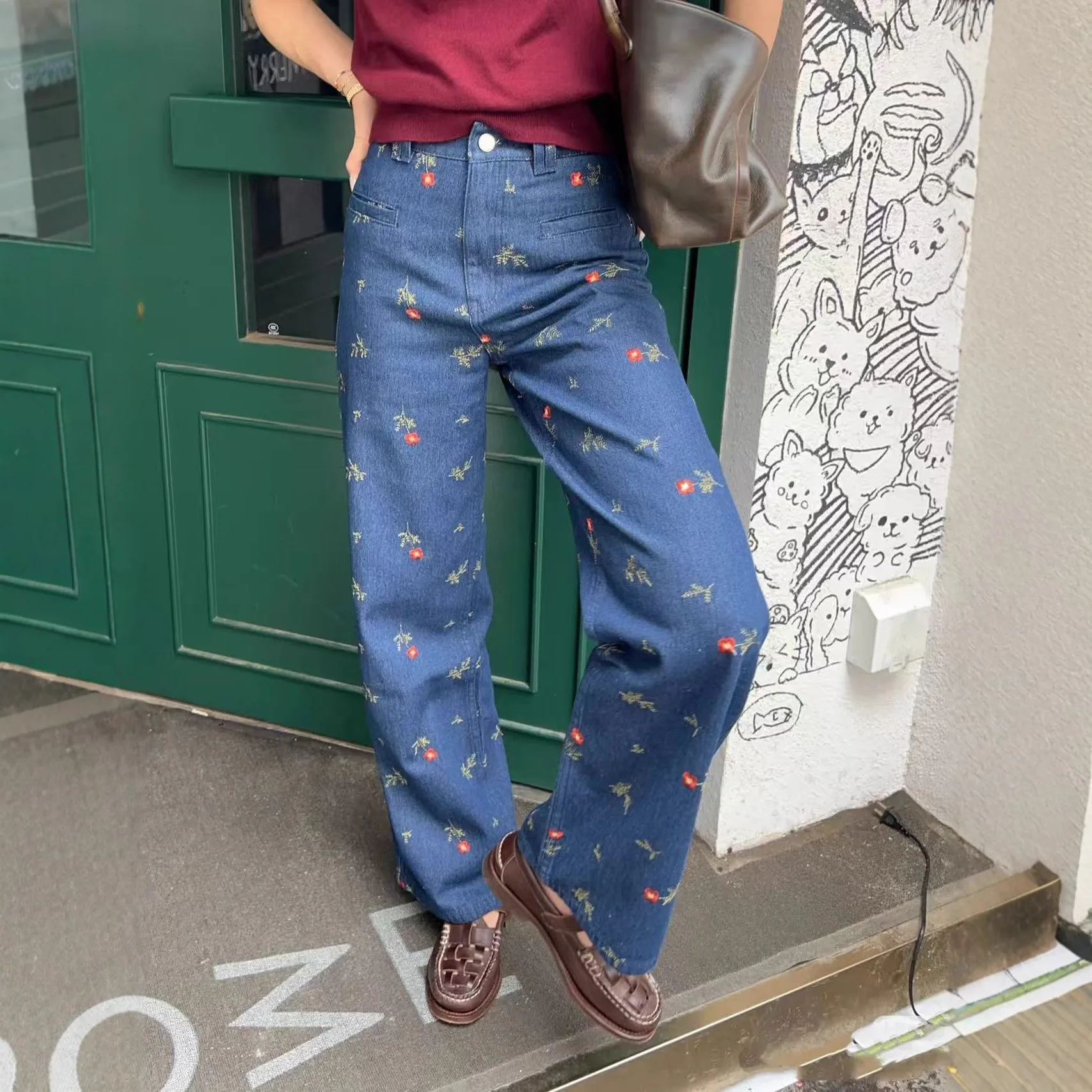 

Французские джинсы с высокой талией, свободного кроя, с цветочной вышивкой, хлопковые, для пляжа, пасторальные, свободные леггинсы, осень-зима, новинка