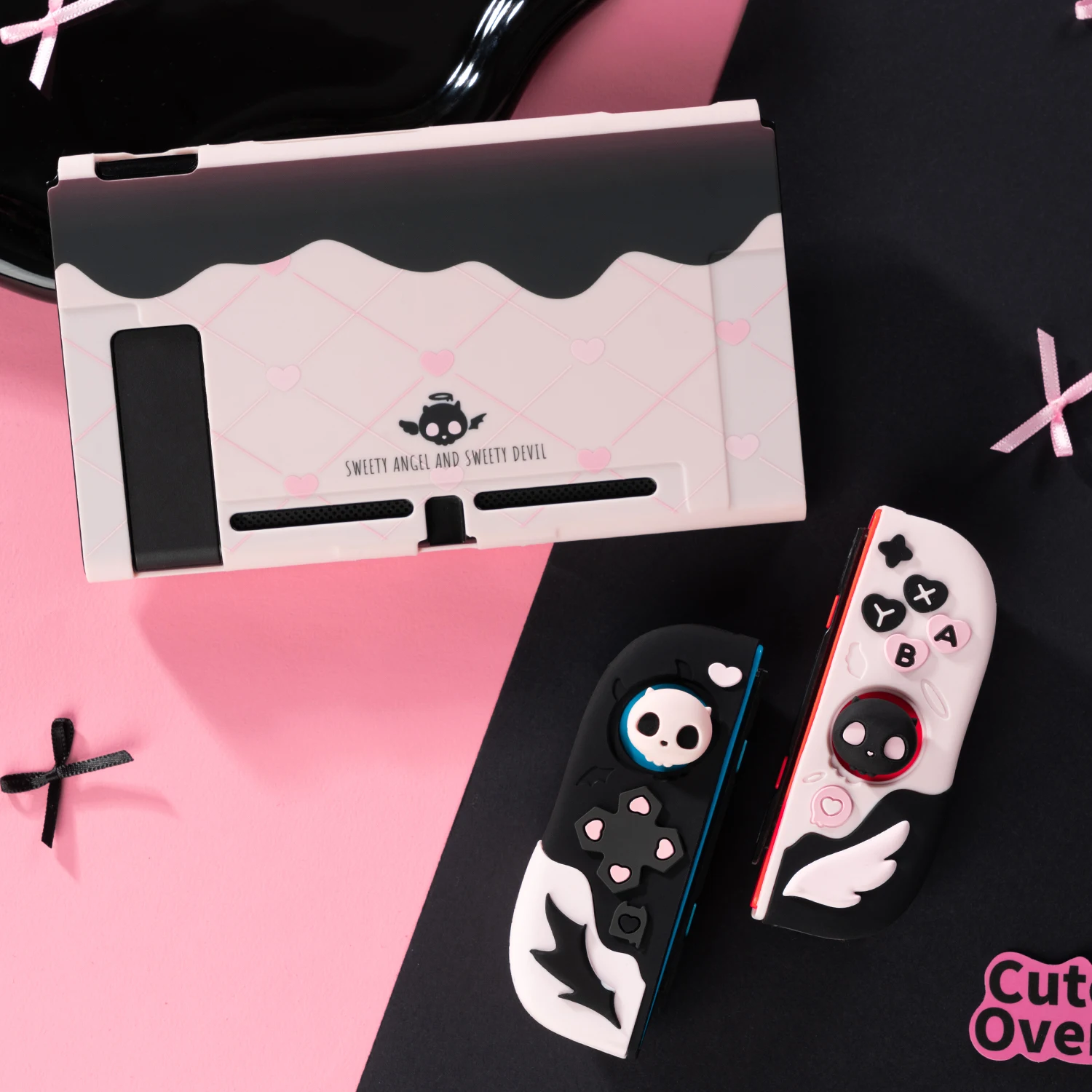 GeekShare Pink Skull Silicone Protective Case and JoyCon Cover for Nintendo Switch/OLED come with 1Pair Customized Thumb Grips