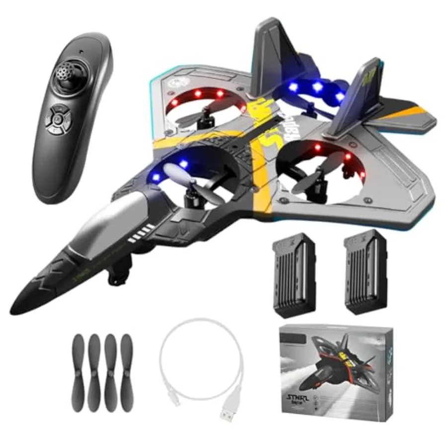 RC fighter jet toy for kids and adults 8-16, durable EPP foam, grey, 360 stunt spin, LED light, includes 2 batteries
