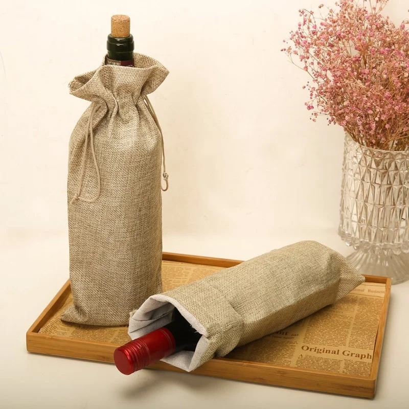 Linen Wine Bags Hessian Wine Bottle Bags With Drawstring Champagne Bottle Covers Holder Carrier Home Wedding Party Decor Gifts