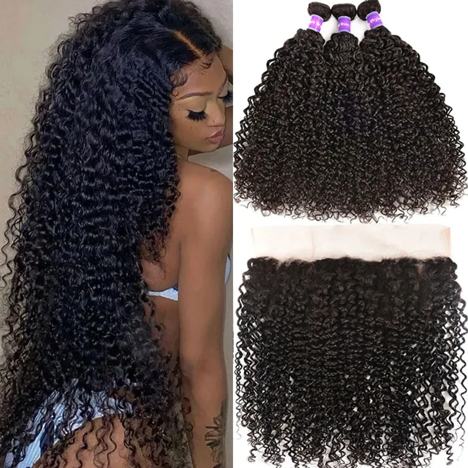 

Kinky Curly Bundles With Frontal Malaysia Hair Bundles With 13x4 Frontal Kinky Curly Virgin Hair With Baby Hair For Black Women