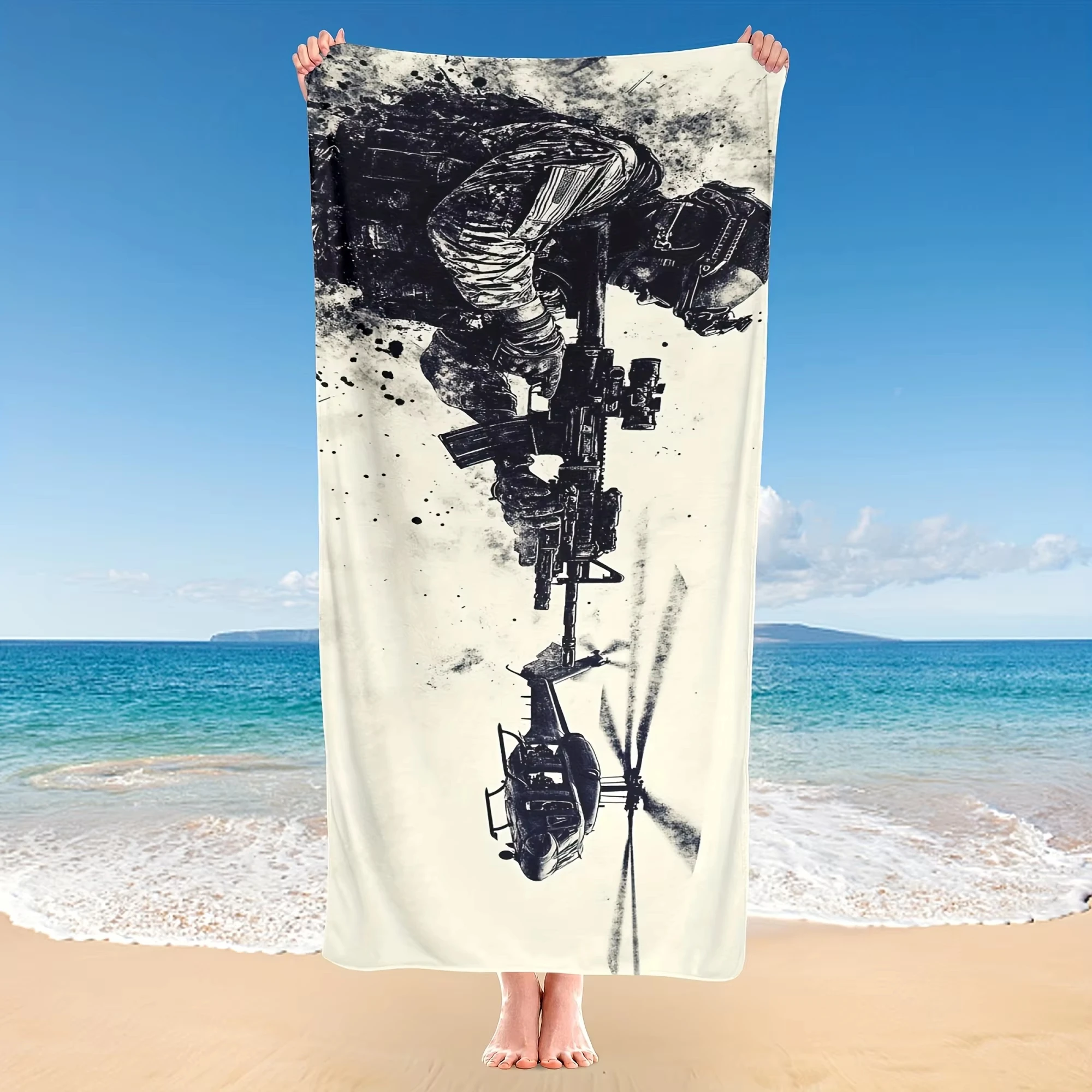 Tactical Military Soldier Beach Towel Quick Dry Microfiber Sandproof with Helicopter & Gun Print for Travel Pool & Beach