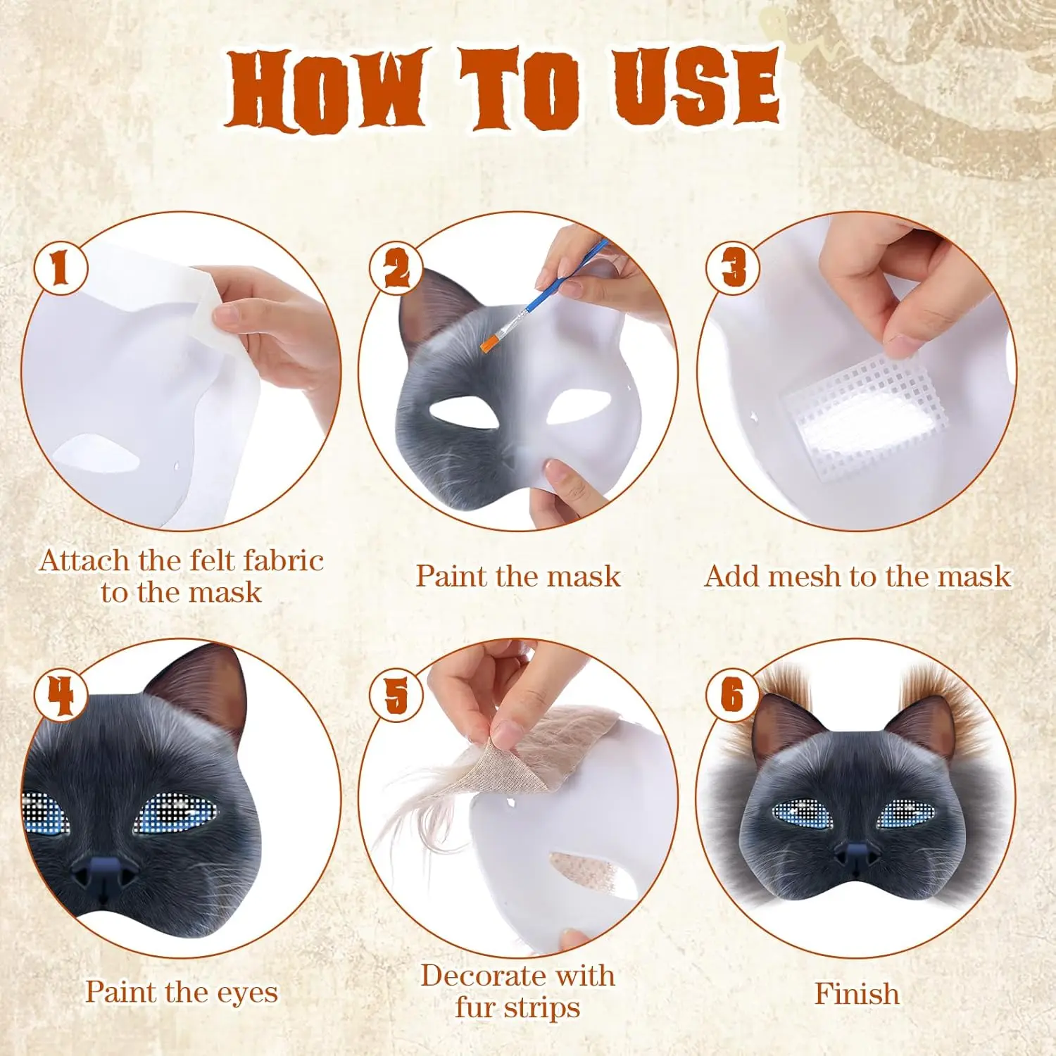 3/6 مجموعة لتقوم بها بنفسك مجموعة قناع Therian نصف الوجه رسمت باليد قناع القط أقنعة ذاتية الصنع قناع القط الأبيض الفارغ لحفلة تنكرية كرنفال