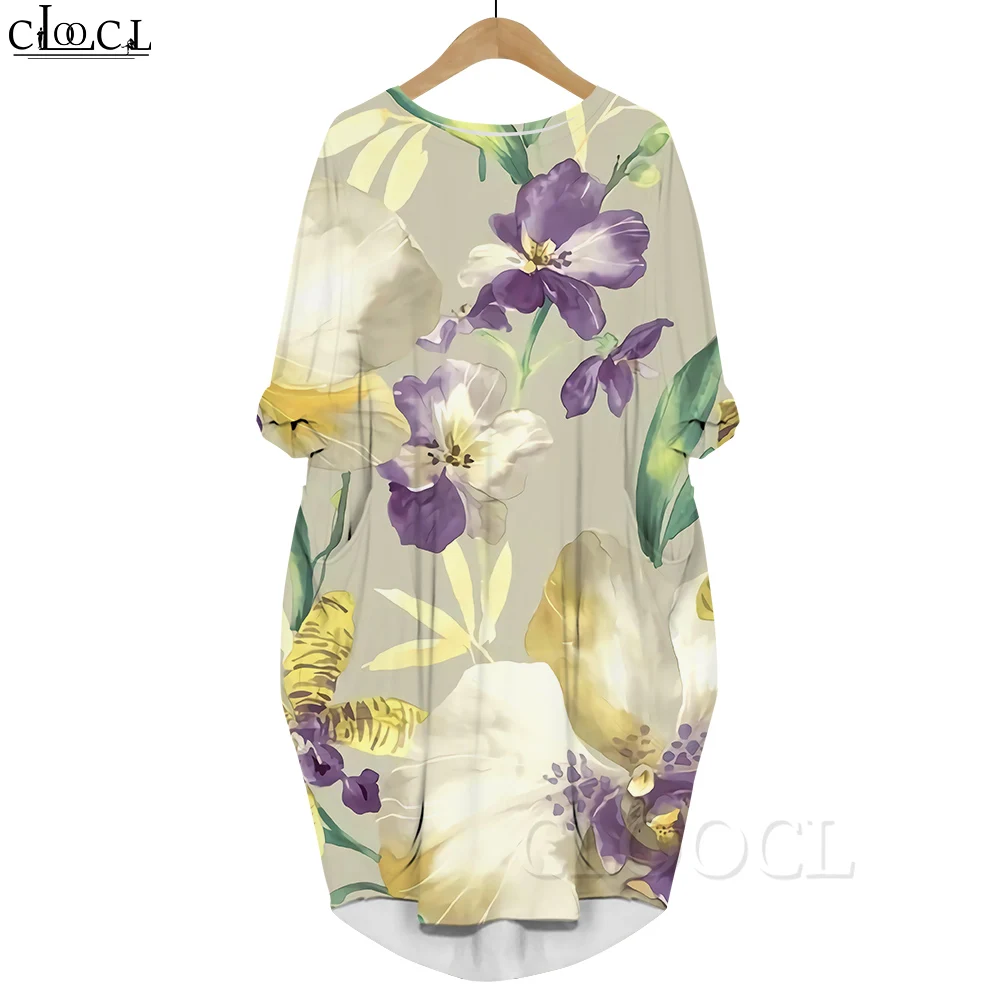 

CLOOCL Women Dress Beautiful Iris Pattern 3D Printed Dress Long Sleeve Pocket Dresses Summer Crew Neck Loose Dresses
