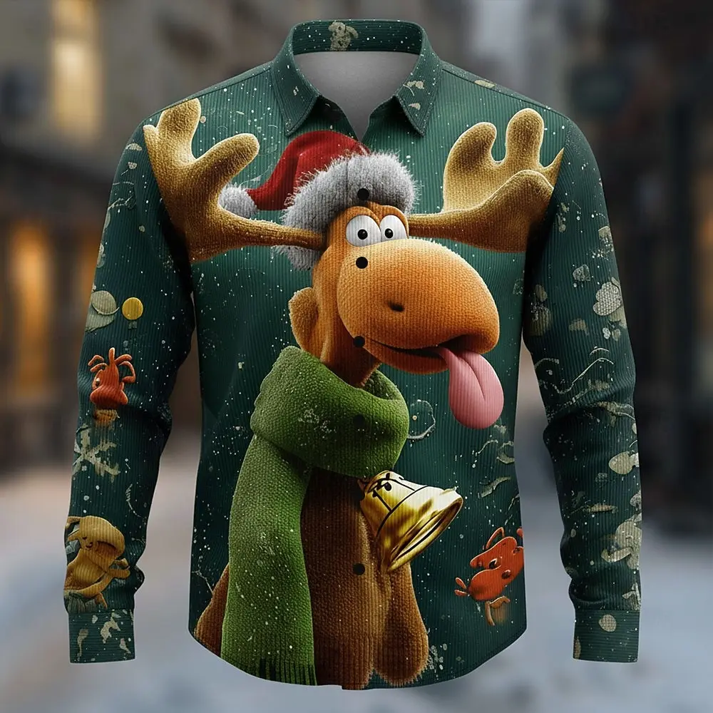 Funny Elk Graphic Long Sleeve Shirt For Men Women 3D Printed Christmas Animal Pattern Lapel Shirts Autumn Winter Casual Clothing