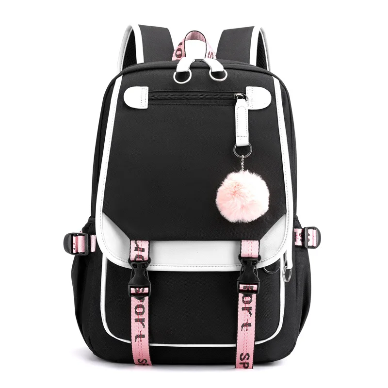 

large school bags for teenage girls USB port canvas schoolbag student book bag fashion black pink teen school backpack mochila