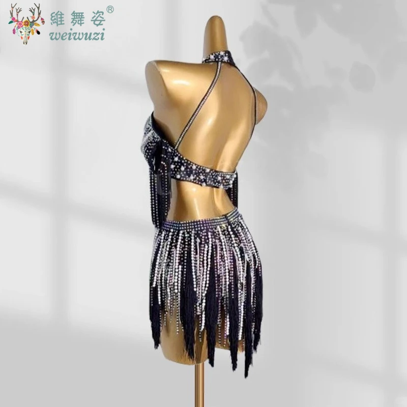 Latin Dance Competition Costumes Exquisite Pearl Top+tassel Short Skirt 2pcs Women's Tango Samba Rumba Performance Clothing
