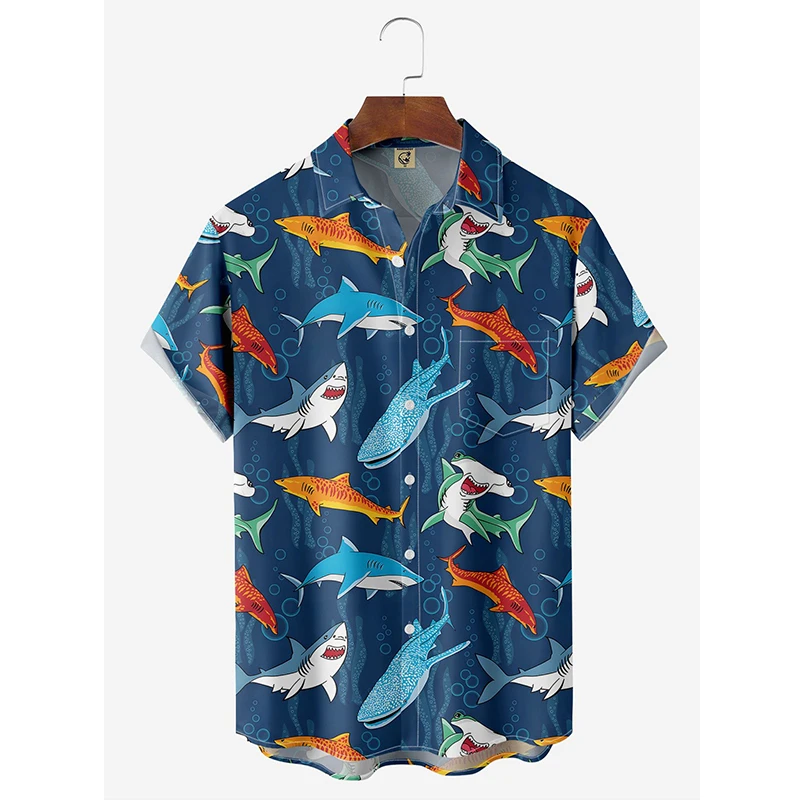 Camisa de praia havaiana de manga curta masculina, tubarão kawaiiano, 3D estampado, blusa cubana, férias de verão, streetwear, tops diários Y2k, novo