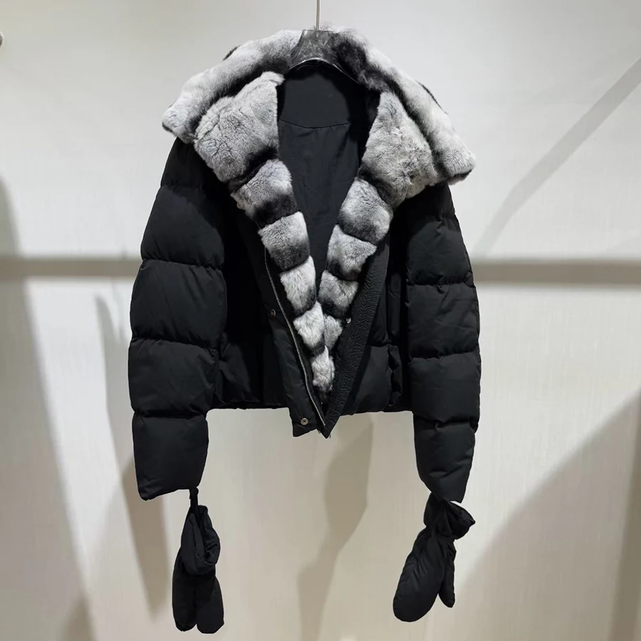 Women's Short Down Jacket With Hood Real Rabbit Fur Jacket White Natural Fur Puffer Jacket Luxury Genuine Fur Outerwear