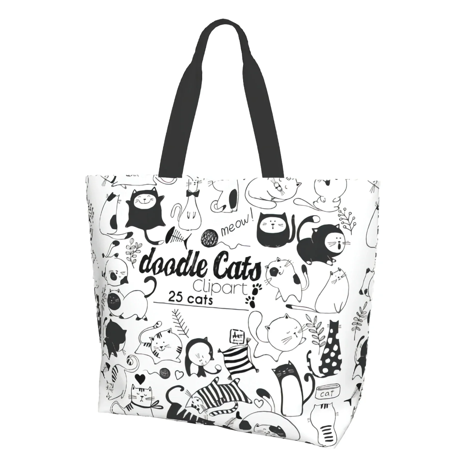 

Black White 25 Cats Doodle Cartoon Kitten Pussy Clipart Meow Canvas Tote Bag for Women Weekend Kitchen Reusable Grocery Bag