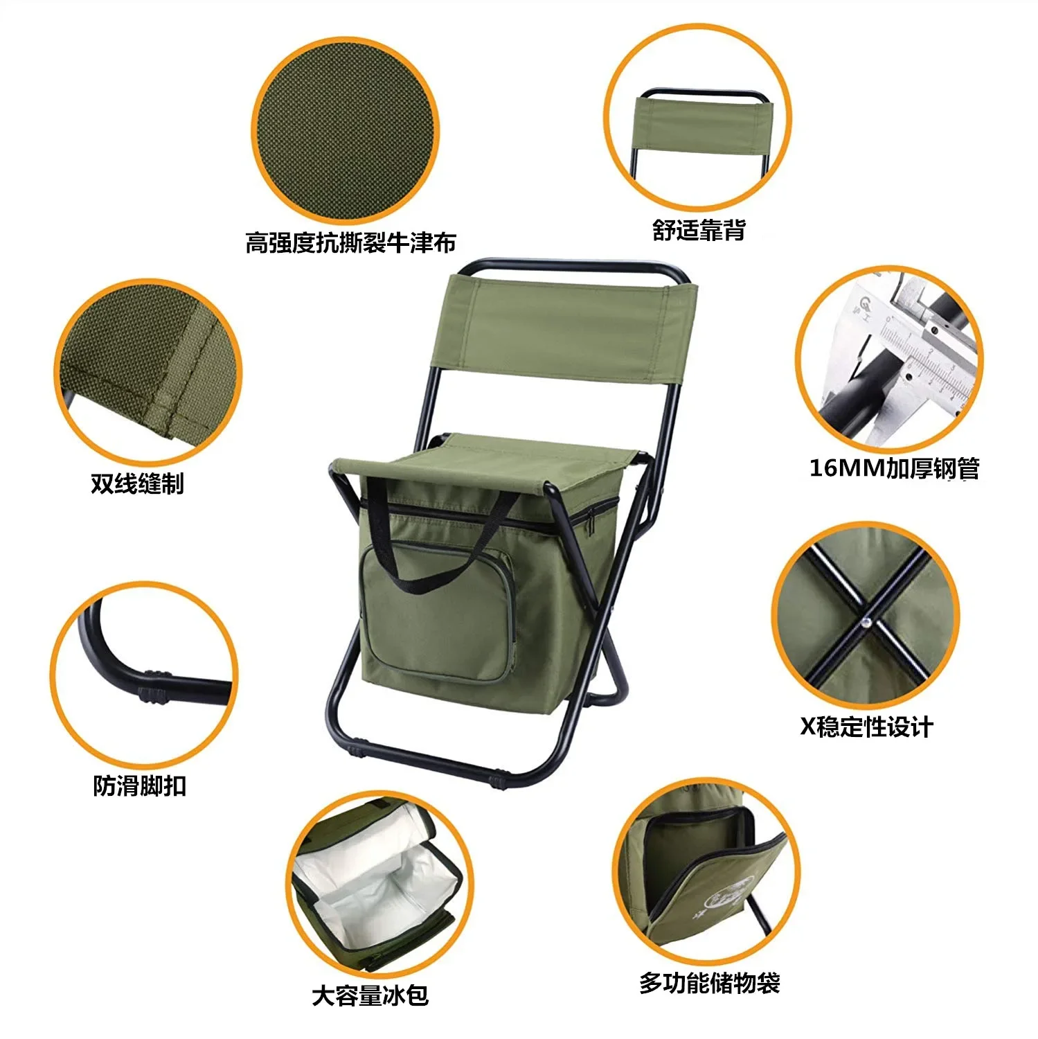 Portátil Outdoor Folding Camping Ice Pack Cadeira com saco de armazenamento, Encosto, Isolamento Pesca Cadeira, Cor Verde, Lazer