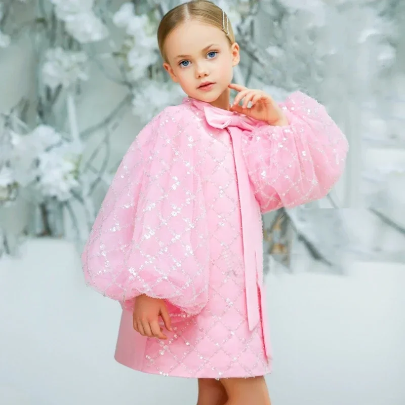 Vestido rosa simples flor menina, manga comprida arco decoração, festa de aniversário infantil, princesa primeira comunhão vestidos