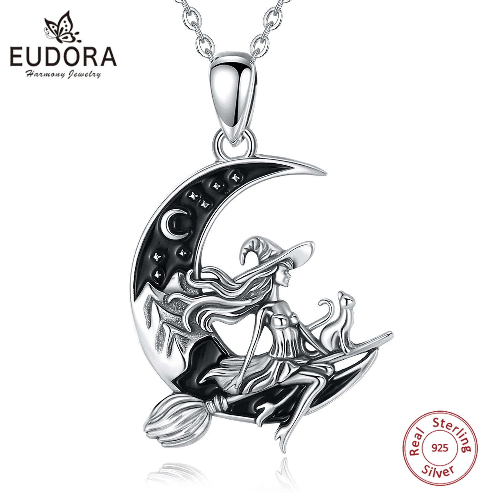 Eudora 925 Sterling Silver Witch Broom Crescent Moon Necklace Cat Witch Pendant Wicca Pagan Jewelry Spiritual Gift for Women Men