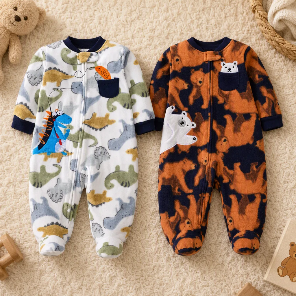 Polar Fleece Baby Footed Romper with a Small Pocket All-over Cartoon Print&Embroidery Zipper Onesie Warm for Boys Autumn Winter