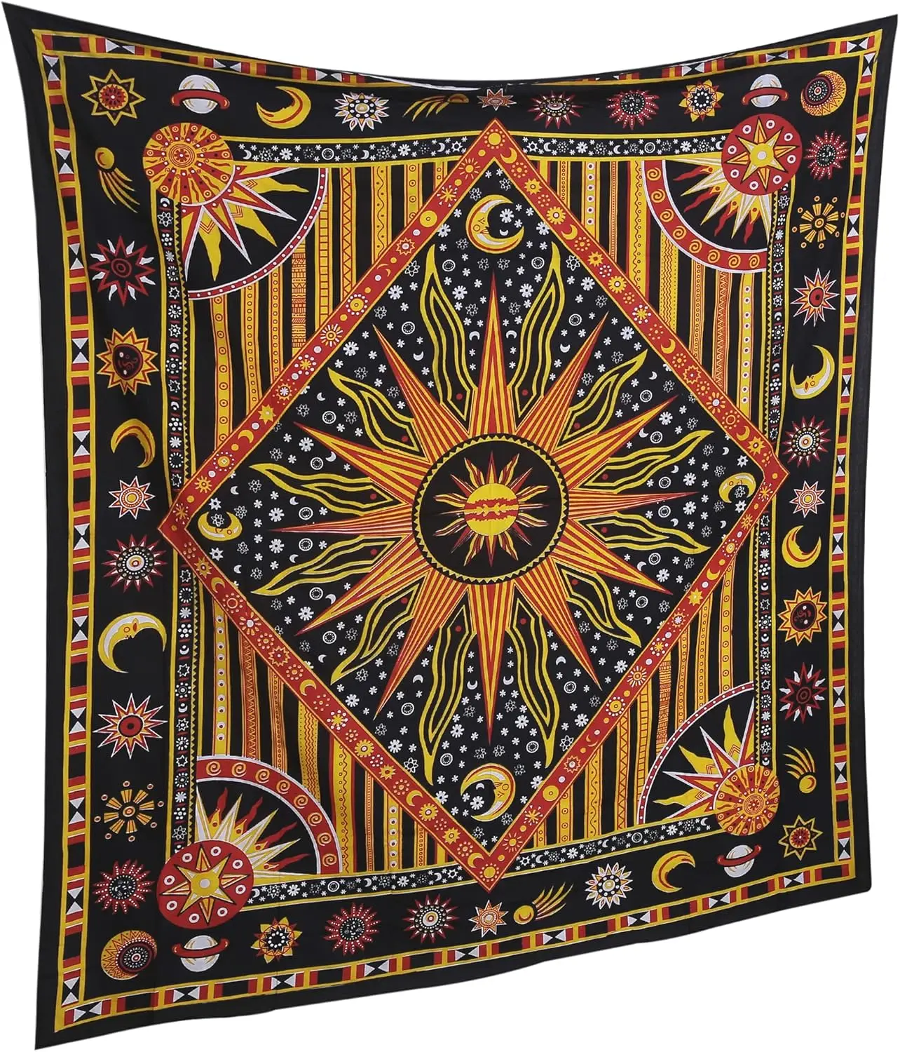 Burning Sun Cotton Tapestry for Bedroom Celestial Moon Star Planet Bohemian Hippie Cool Wall Tapestries for Living Room Decor