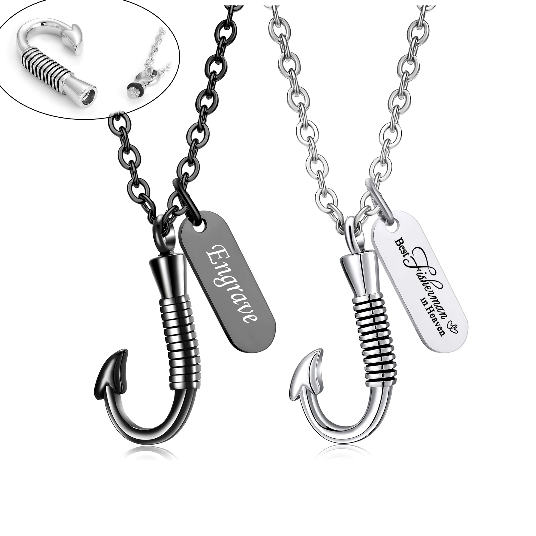 

Fish Hook Cremation Urn Necklace for Ashes Stainless Steel Memorial Keepsake Jewelry Best Fisherman In Heaven Engraved Text