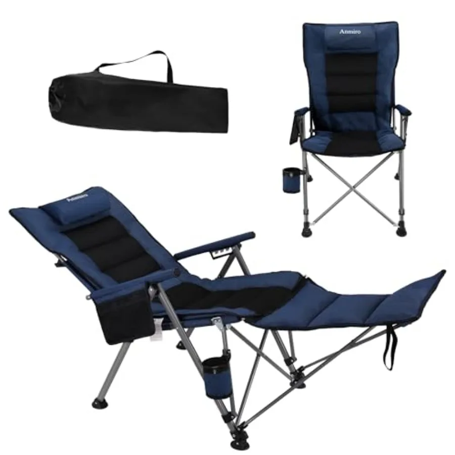 

Folding Camping Chair for adults: heavy duty steel frame, black, 3-in-1 design with detachable footstool, padded pillow, cup ho