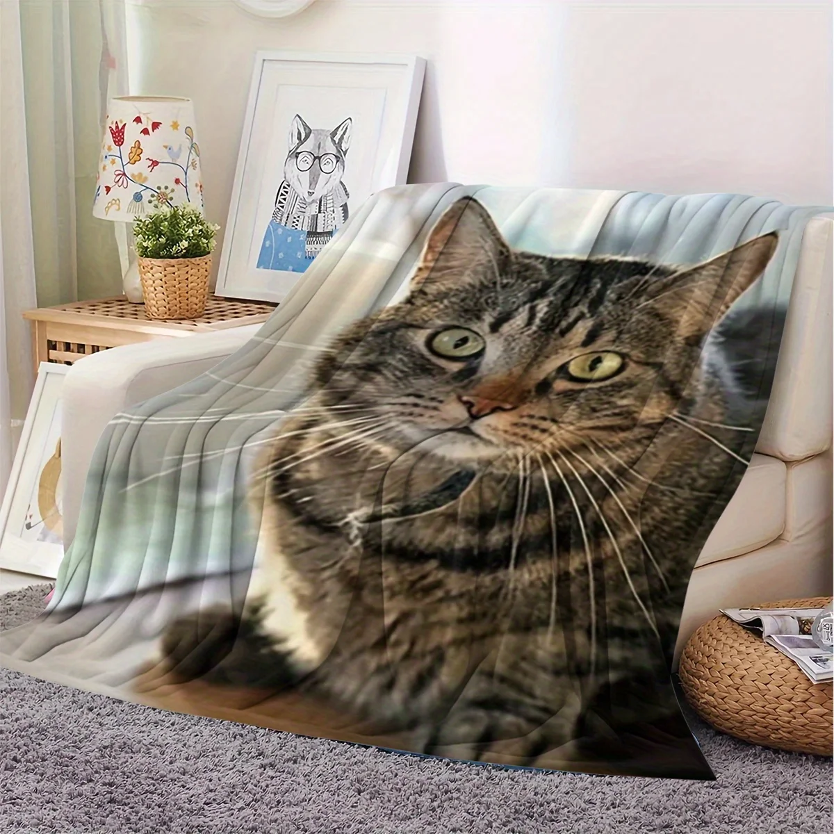Adorable Tabby Kitty Blanket Lifelike Portrait Of Grey Brown Striped Cat With Clear Green Eyes Sweet Pet Design Soft Flannel