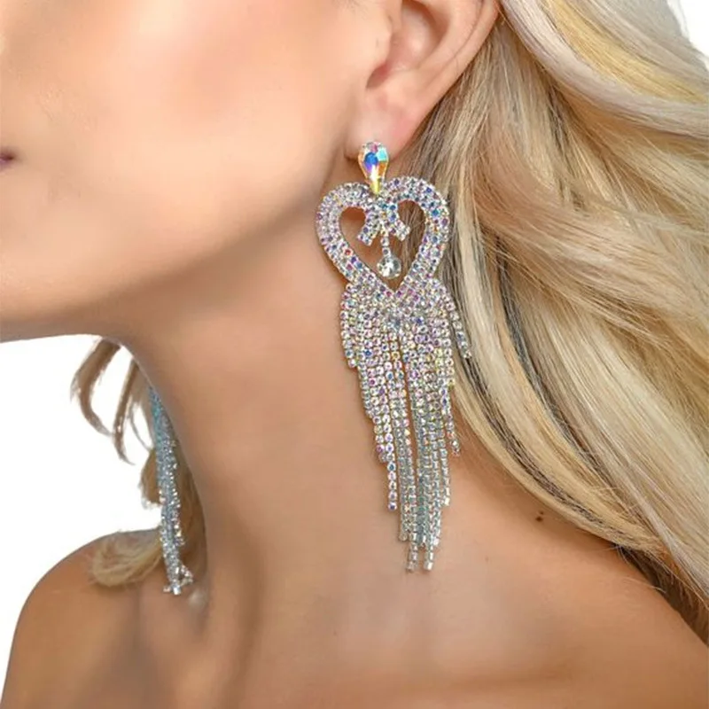 Cross-border accessories, fringed peach heart full diamond earrings Bohemian long earrings earrings