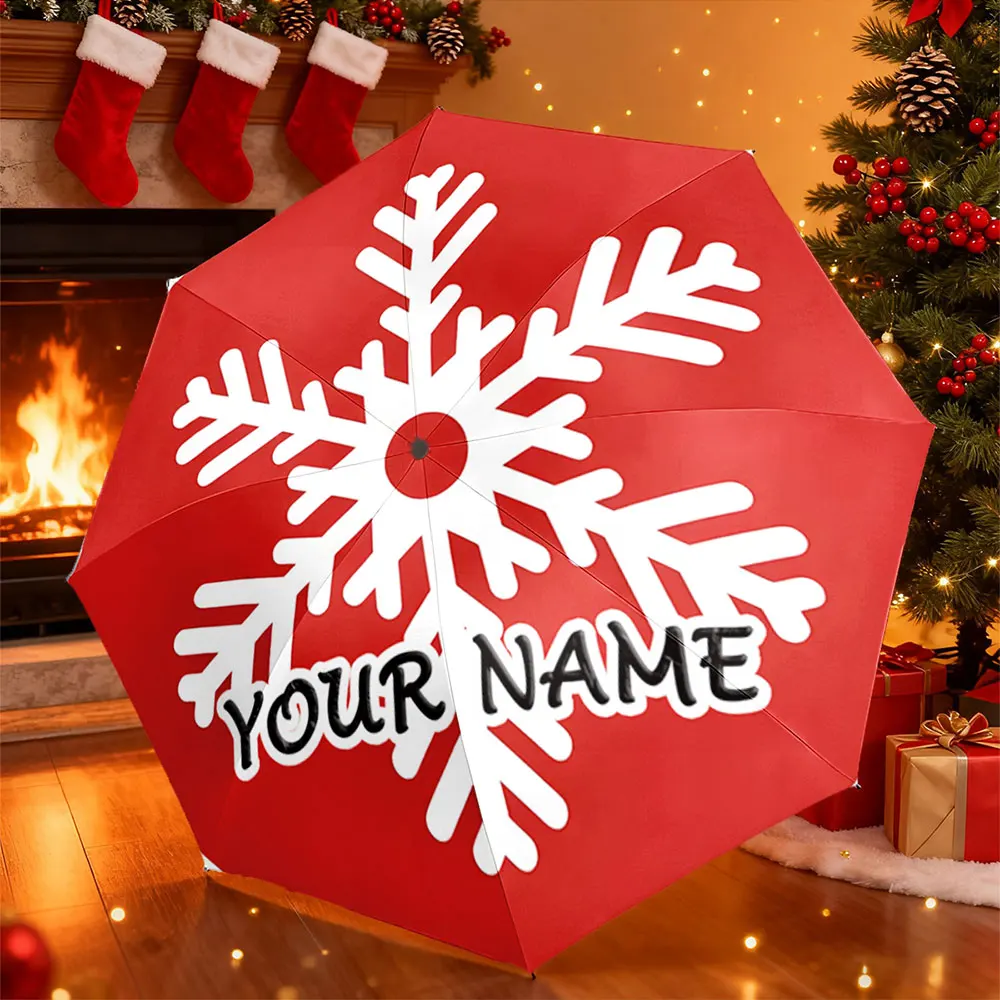 Custom Name Umbrella， Personalized Red Snowflake Design Umbrella ,Portable Folding Umbrella, Christmas Gift