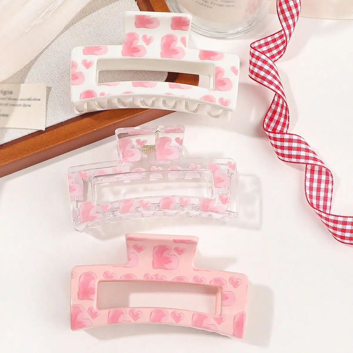 3Pcs Pink Love Print Hair Claw Clips for Women Thin Thick Curly Hair,Big Banana Clips,Strong Hold jaw clips Hair Accessories