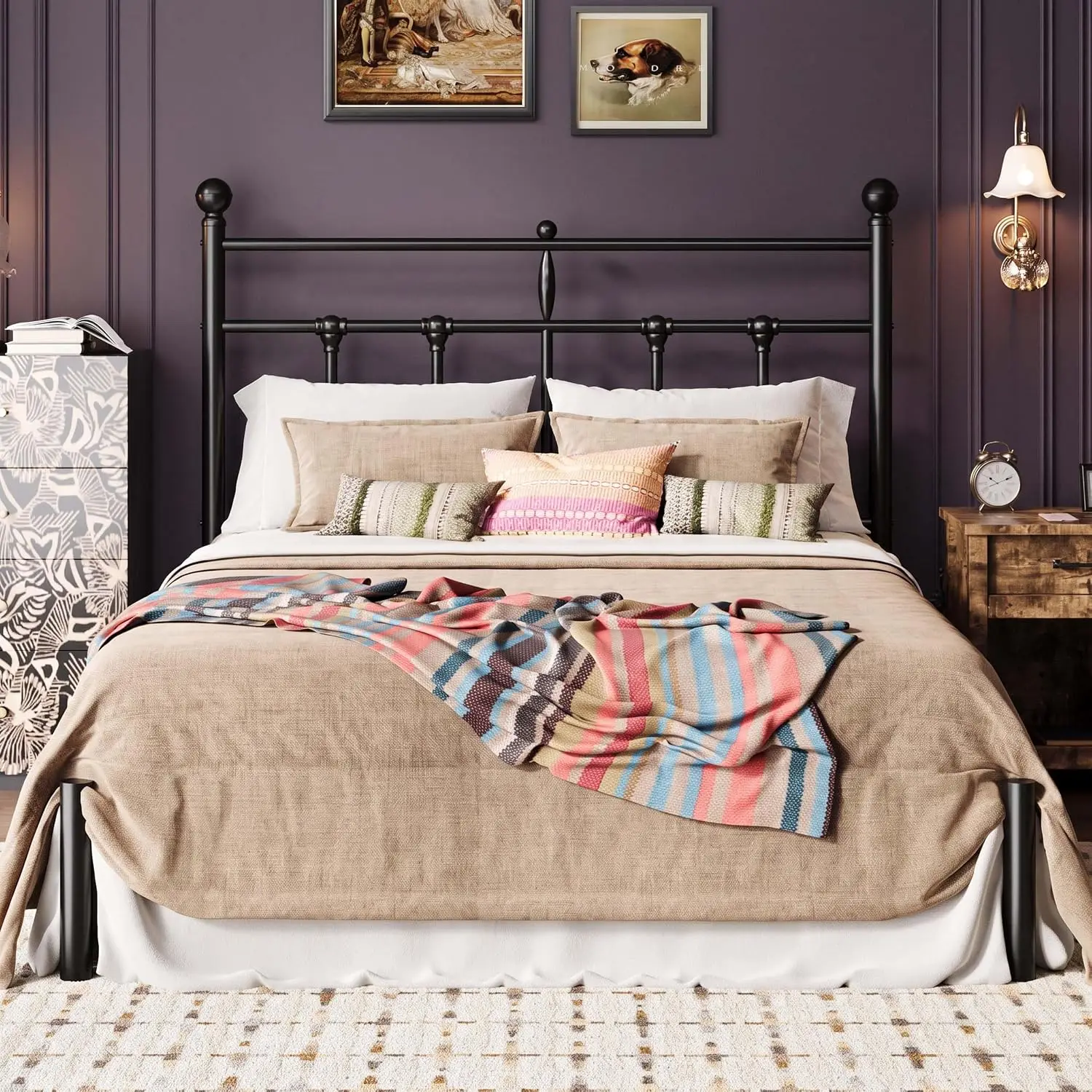 Queen Size Metal Platform Bed Frame, Vintage Victorian Headboard, Under-Bed Storage, Noise-Free Construction, Mattress Foundation, No Box Spring Required, Easy Assembly, Black