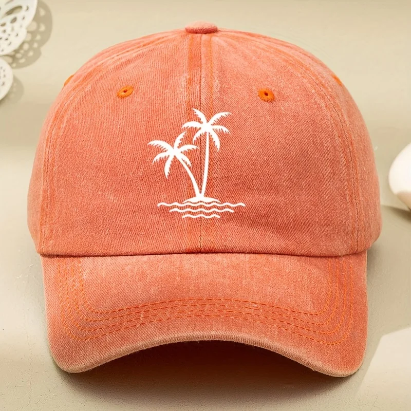 قبعة بيسبول نسائية مغسولة بطباعة شجرة جوز الهند، قبعة منقار البط بلون سادة، قبعة سائق قابلة للتعديل في الهواء الطلق