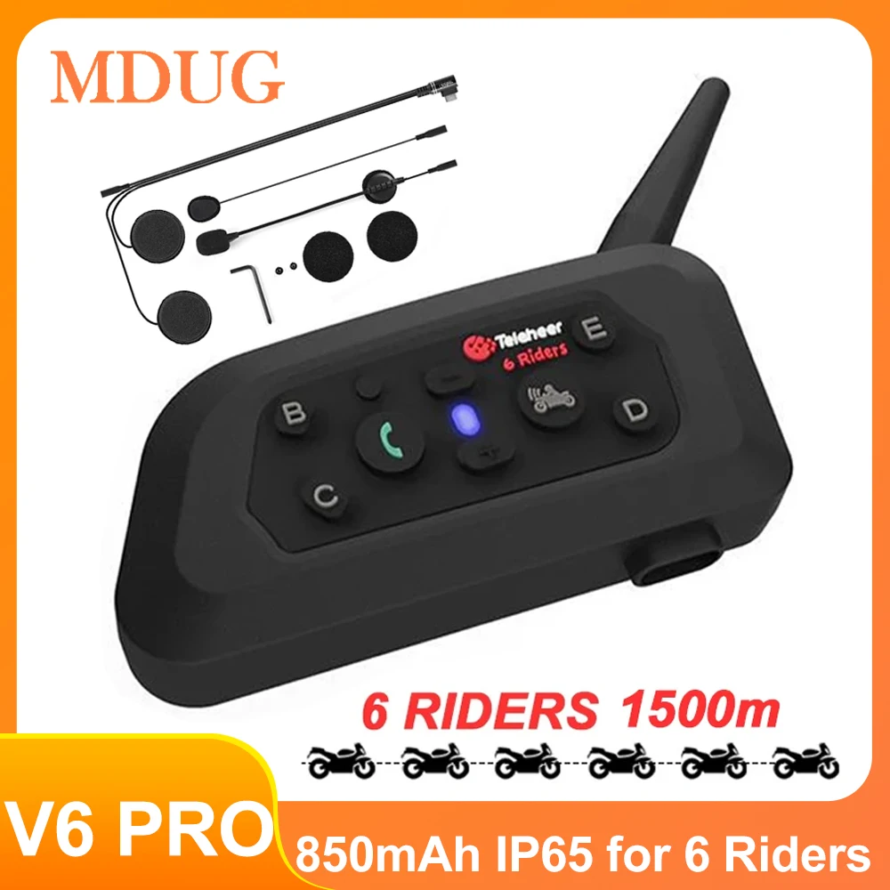 

V6 PRO мотоциклетный Bluetooth-гарнитура для домофона, 850 мАч и 1500 м, домофонный коммуникатор для 6 гонщиков, водонепроницаемый музыкальный плеер
