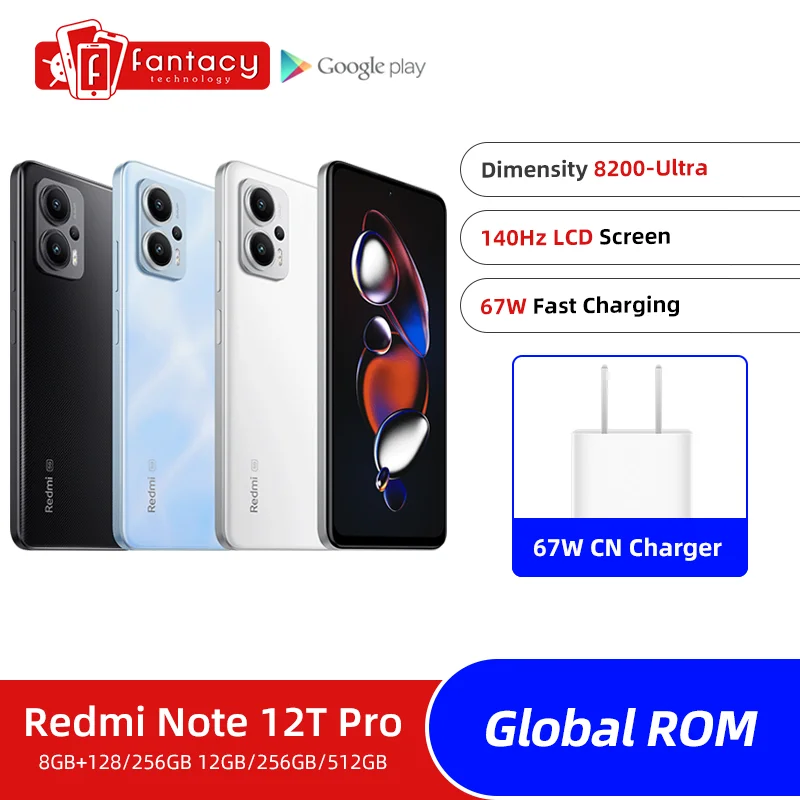 Redmi Note 12T Pro ROM Global, Dimensão 8200, Display LCD Ultra 140Hz, Câmera Tripla 64MP, Bateria 5080mAh, Carregamento 67W