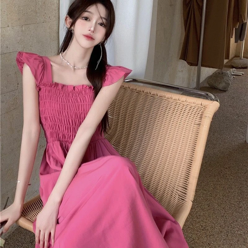 

Women's Dress Flying Sleeves Pleated A-line High Waist Square Collar Long Dress Solid Color Fashion Causal Breathable 2024 New