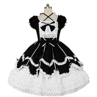 Sweet Women Lolita Princess Cosplay Prom Lace Dress Short Sleeves Halter Neck Ball Dance JSK Outfit Bow Tie Layer Maid Costume 2